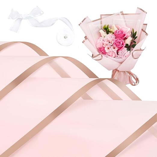 Jutieuo 20 Sheets Pink Flower Wrapping Paper, Waterproof Floral Wrap Gold Edge Bouquet Wrapping Paper Florist Supplies (22.8 x 22.8 inch)