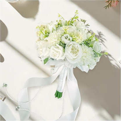 8.6 Inch Wedding Bouquets for Bride Bridesmaid, Ivory White Green Bouquet with Pearl Chains Artificial Fake Silk Roses Flowers for Wedding Boho Rustic Church Decoration Toss Bouquet