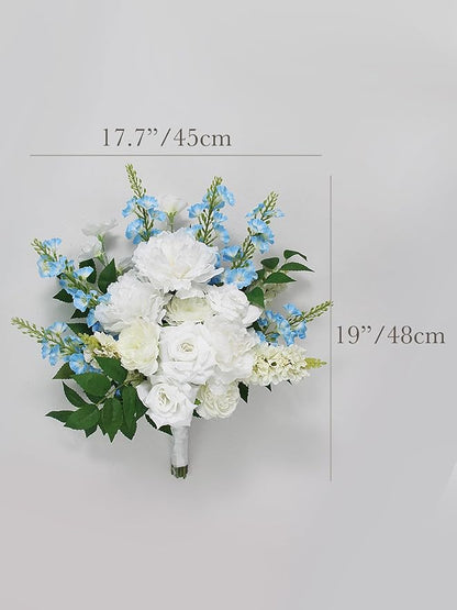 Rinlong 17.7" Wide Wedding Bouquets for Bride Baby Blue Delphinium White Bridal Bouquet for Wedding Artificial Flowers Bouquets