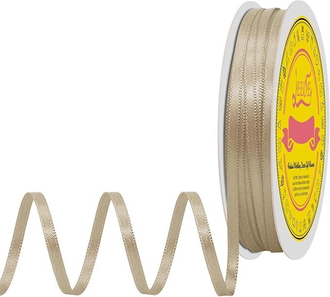 Double Face Tan Satin Thin Ribbon 1/8 inch X 50 Yards Polyester Tan Ribbon for Gift Wrapping Very Suitable for Weddings Party Hair Bow Invitation Decorations and More
