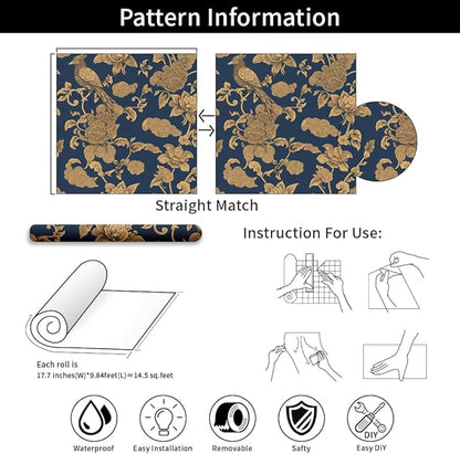 Vintage Birds and Flowers Wallpaper,17.71" x 118.1" Removable Peel and Stick Wallpaper Decorative Self-Adhesive Contact Paper for Living Room Bedroom Washroom Cabinet Wall