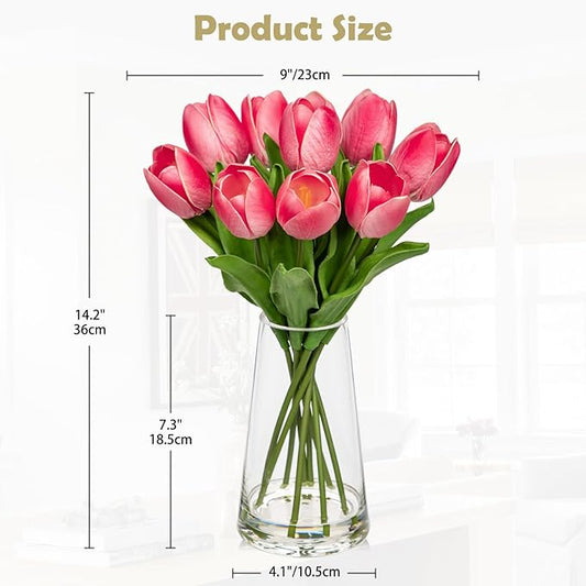 Fake Tulips Artificial Tulip Flowers in Glass Vase with Faux Water, 14.2" Real Touch Pink Tulip Flowers Spring Décor for Table Centerpiece Home Farmhouse Resto Wedding Decoration