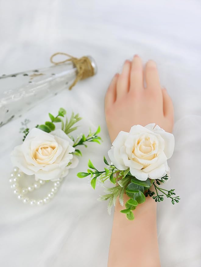 Meldel Wrist Corsage for Wedding(Set of 6),Artificial Champagne Rose Eucalyptus Pearls Wristband Corsages for Bride Bridesmaids Wedding, Women Mother Wrist Flower for Prom Party Anniversary Decor