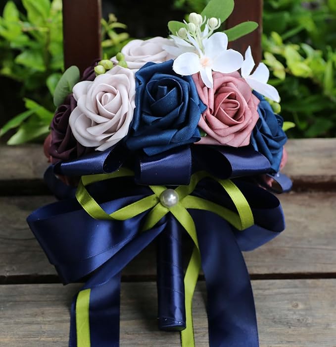 Lightweight Bridal Wedding Bouquet Round Holding Bouquet Throw Toss Artificial Rose Flower Bunch for Bride Bridesmaid Wedding Quinceanera (Navy, Smoky Rose, Light Taro & Dark Puce, 7.9")