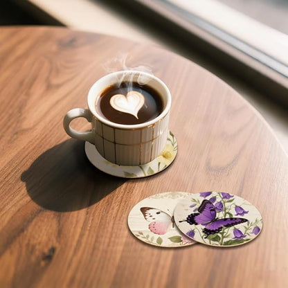 ANATTASOUL Coasters Set of 9 Vintage Floral and Butterfly Pattern Colorful Wooden Coasters Bulk Round Housewarming Gift for New Home, 3.9" Decorative Coffee Table Protection for Farmhouse Bar Decor