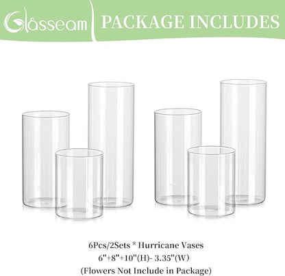 Glasseam Clear Glass Cylinder Vase, 6pcs Glass Vases for Centerpieces, Modern Floating Candle Vases for Flowers, Hurricane Vase Decor Candle Holder for Pillar Candles Wedding Deco (5.5"/7.5"/9.5")