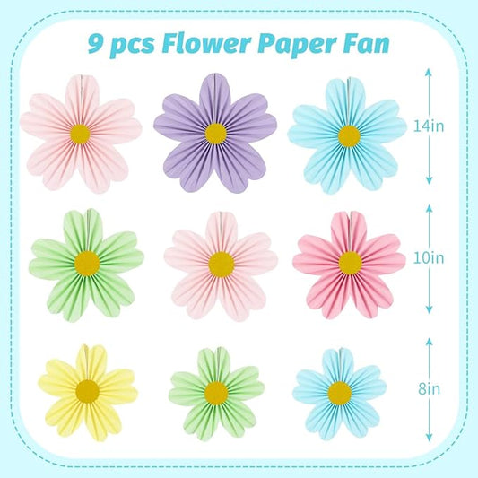 YUNXUAN Pastel Party Decorations Paper Fan Paper Flowers Decorations for Wall Flower Backdrop Classroom Baby Shower Birthday Flower Wall Decor Pack of 9 Rainbow