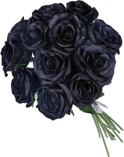 Kisflower 12PCS Black Roses Artificial Flowers Fake Roses Glitter, Silk Roses with Stems Realistic for Halloween Decorations Wedding Party Office Home Decor (Black)