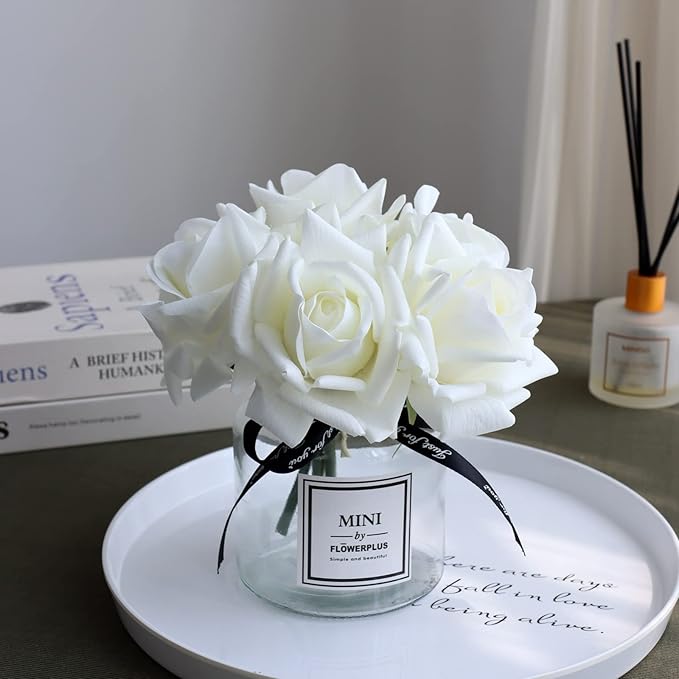 Artificial Flowers with White Roses in Vase, Fake Flowers in Glass Jar with Ribbon, Silk Flower Arrangements in Vase with Artificial Flowers for Home Dining Table Decor.