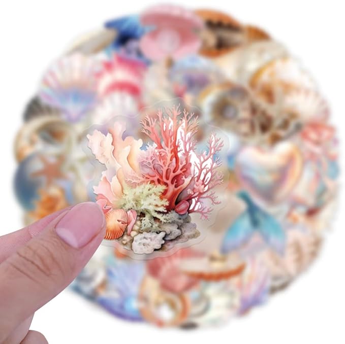 60 Pcs Holographic Seashell Stickers, Iridescent Conch Shell & Starfish Vinyl Decals, Waterproof Glittering Aesthetic Stickers for Scrapbooking, Journaling, Water Bottle, Laptop, Phone Case Decor