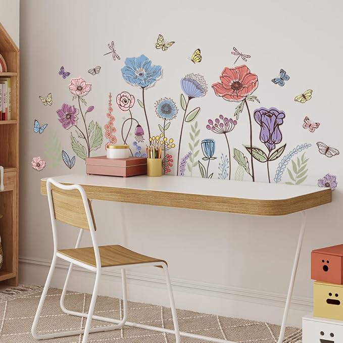 Flower Wall Decals Wildflower Grass Wall Stickers Vintage Floral Butterflies Dragonfly Wall Art Sticker Peel and Stick Bedroom Nursery Wall Decor