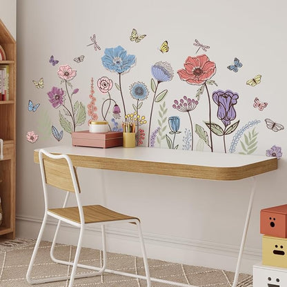 Flower Wall Decals Wildflower Grass Wall Stickers Vintage Floral Butterflies Dragonfly Wall Art Sticker Peel and Stick Bedroom Nursery Wall Decor