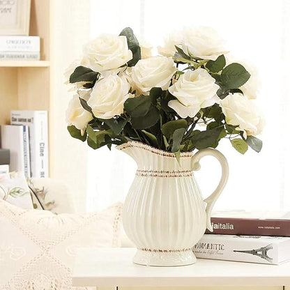 Jasion Artificial Roses 10 Heads 2.8" Flowers Arrangement Silk Bouquet for Home Office Parties Bridal Wedding Decoration (White)