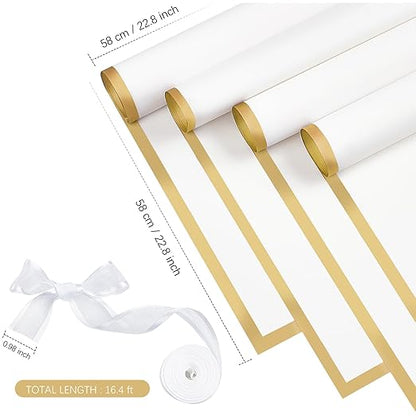 Jutieuo 20 Sheets White Flower Wrapping Paper, Waterproof Floral Wrap Gold Edge Bouquet Wrapping Paper Florist Supplies (22.8 x 22.8 inch)