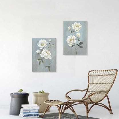 Flower Canvas Abstract Wall Art: 2 Pieces White Floral Prints Artwork Vintage Peony Bouquet Botanical Painting Picture for Bedroom Living Room Bathroom Home Office