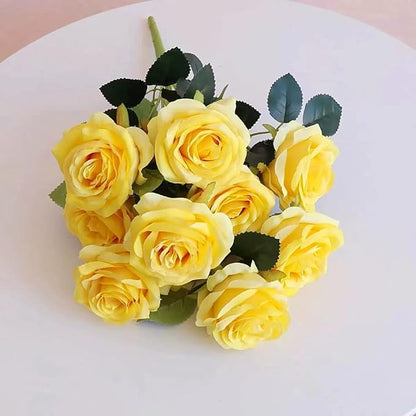 Jasion 4 Bundles Artificial Roses Flowers 10 Heads Arrangement Silk Bridal Bouquet for Home Office Parties and Wedding Decoration (Yellow 4pcs)