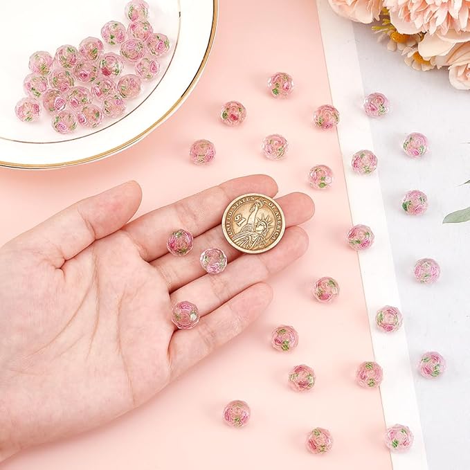 PH PandaHall 45pcs 11~12mm Gold Sand Lampwork Beads Glass Handmade Round Loose Beads for Rosary Making Jewelry Craft Making with 2mm Hole - Gloden Pink