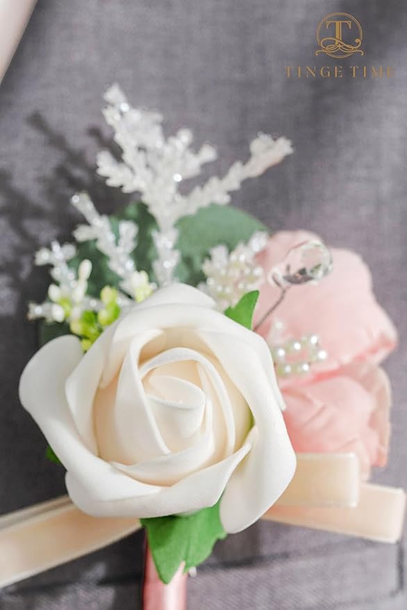 TINGE TIME Boutonniere for Men Wedding,Groom and Best Man Boutonniere for Wedding Ceremony Anniversary, Formal Dinner Party and Rustic Spring Wedding Marriage (6, Champange&Pink)