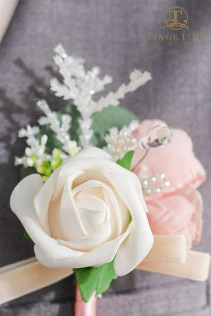 TINGE TIME Boutonniere for Men Wedding,Groom and Best Man Boutonniere for Wedding Ceremony Anniversary, Formal Dinner Party and Rustic Spring Wedding Marriage (6, Champange&Pink)