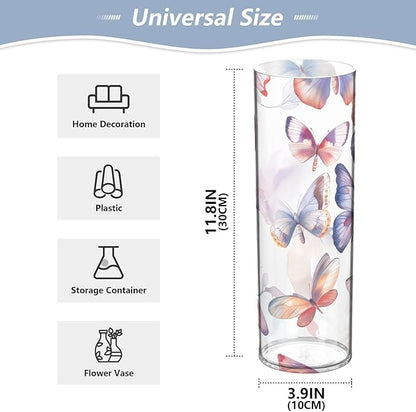 susiyo Translucent Butterflies and Flowers Acrylic Vase, Tall Plastic Vase Cylinder Vase Clear Acrylic Flower Vase for Centerpieces