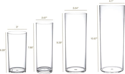 KLIFA- Carlsbad- Set of 4 Pieces, 6, 7, 9 & 10 Inch Tall, Plastic Cylinder Vases for Centerpieces, Acrylic Flower Vase for Wedding Centerpieces, Home Decorations, Clear