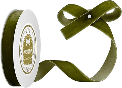 Olive Green Velvet Ribbon 5/8 Inches x 5 Yards for Gift Wrapping, Crafts, Christmas Tree, Wreath, Bow Making, Vintage Fabric on The Spool for DIY