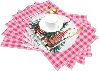 PVC Placemats Set of 6 Wipeable Table Mats Washable Heat Resistant Non Slip Vinyl Dining Table Mat for Kitchen Indoor Outdoor Patio Farmhouse Place Mats Pink Grid Christmas Tree Decorative
