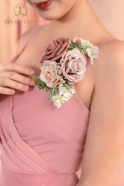 TINGE TIME Artificial Shoulder Corsages Flowers, Set of 2, Mother of The Bride Floral Corsage for Wedding Ceremony Anniversary Formal Dinner Party (Dusty Rose)