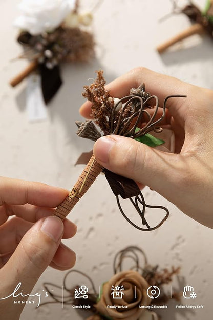 Ling's moment Boutonniere for Men, 6pcs Groom Groomsmen Boutonniere, Artificial Flowers for Wedding Decor/Prom/Homecoming, etc.Sand Beige White