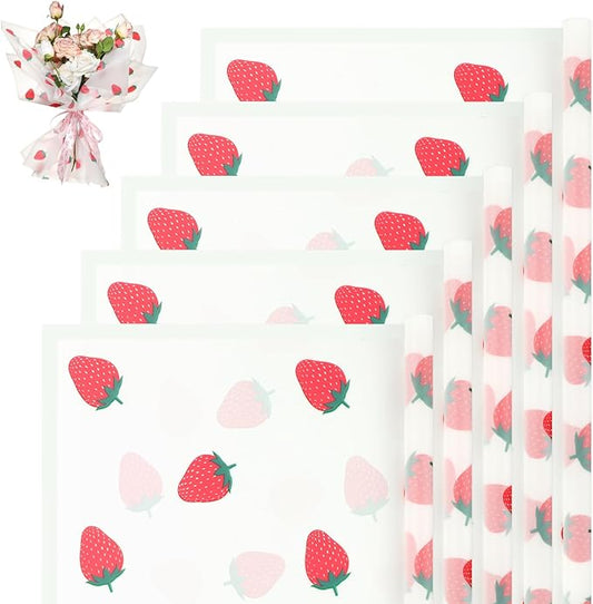 Liobelon 20 Sheets Flower Wrapping Paper Waterproof Bouquet Paper with Strawberry Pattern White Gift Wrapping Paper for Flower Shop, Wedding, Birthday Party, Handmade DIY, Anniversary 22.8 x 22.8Inch
