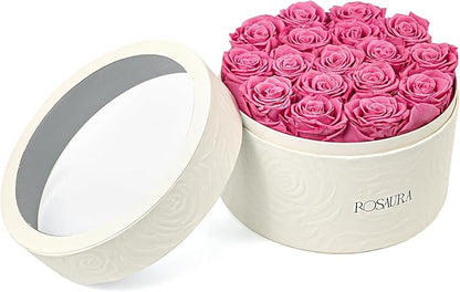 Rosaura Round Preserved Roses Gift Box - Real Forever Flowers for Birthday, Valentine's & Mother's Day (Pink, 17 Roses)