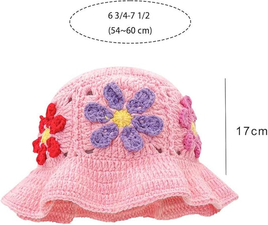 Crochet Bucket Hat for Women Flower Knit Hat Hollow Out Foldable Cap Hats