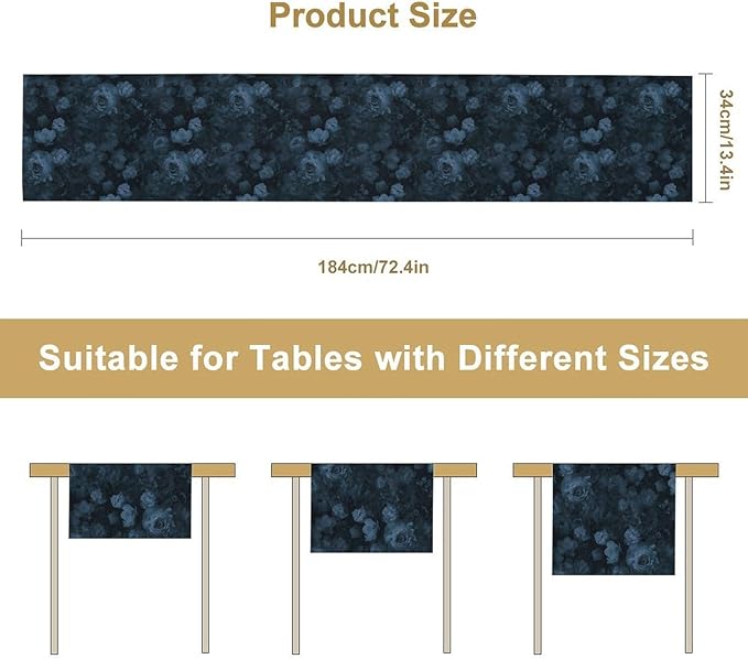 Gothic Floral Table Runner, Retro Dark Blue Flower Garden Witchy Rose Print Coffee Table Center Decor for Home Kitchen Dining Patio Holiday Party Indoor Outdoor Table Decorations 13x72 inches