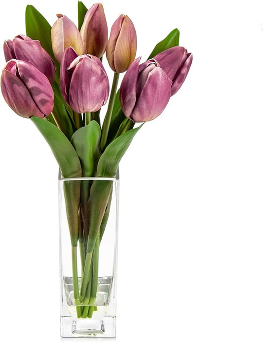 Briful Fake Flowers Artificial Tulip Flower Purple in Clear Vase, Real Touch EVA Tulip Arrangement Suitable for Home Office Fall Decoration, Dining Table Centerpiece