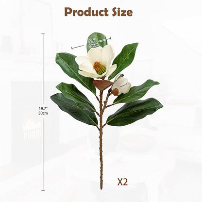 Briful Artificial Magnolia Floral Stems 2PCS 19.7'' Tall Faux Magnolia Silk Flowers Bouquet Fake Greenery Branches for Home Wedding Arrangements Table Vase Centerpieces Rustic Decor(Vase not Included)