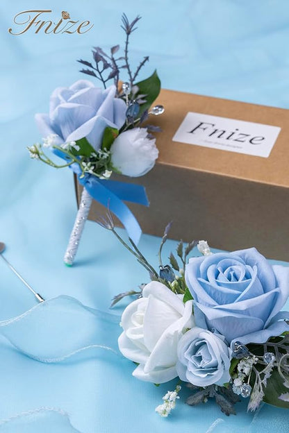 Fnize Blue Corsage and Boutonniere Set for Bride Groom Bridesmaids Groomsmen Wedding Homecoming Flowers Prom Suit Accessories, Rose Boutonniere and Wrist Corsage Flower