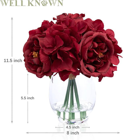 Artificial Flowers Silk Peonies & Hydrangea in Glass Vase with Fake Water, Fake Rose Bouquet Arrangement with Vase for Home Wedding Christmas Party Decor as Table Centerpieces & Gift (Classical Red)