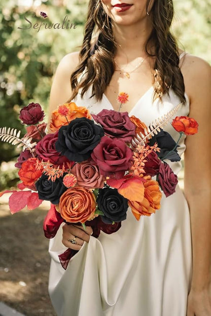 Serwalin Artificial Flowers Black Orange Fall Flowers Halloween Black Wedding Flowers for DIY Wedding Bouquets Bridal Shower Centerpieces Floral Arrangements Party Home Decor