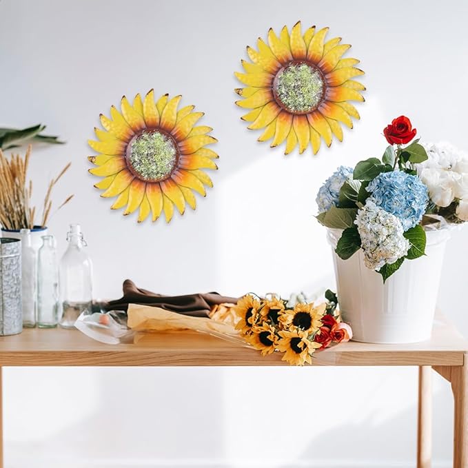 hogardeck Metal Sunflower Wall Decor - 2 Pcs 6'' Metal Flower Wall Art Outdoor Backyard Decorations Sunflower Kitchen Bathroom Decor Hanging for Indoor, Outdoor, Living Room, Bedroom