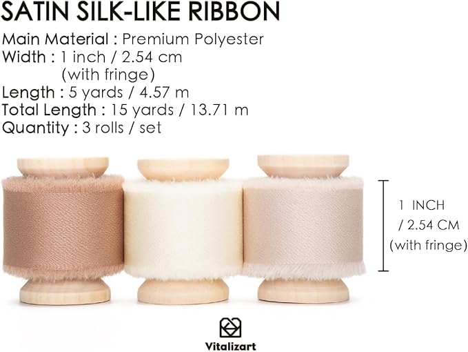 Vitalizart Silk Satin Ribbon 1 Inch x 15 Yard Wooden Spool Champagne & Nude Handmade Frayed Ribbon for Gift Wrapping Baby Shower Wedding Bridal Bouquets Holiday Decor Light Brown