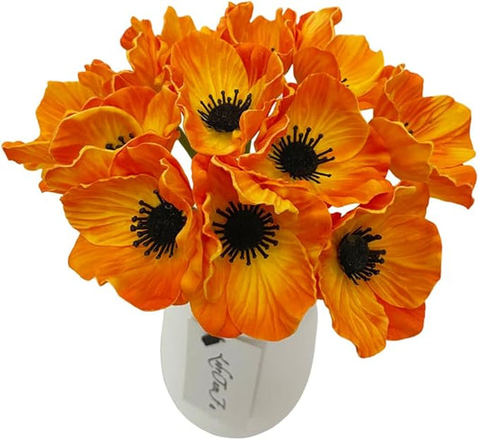 14Pcs Real Touch Anemone Poppy Bouquet for Artificial Flower Decor Kitchen Table Centerpiece Vase Home Greenery Wedding Holding Flowers Backdrop Arch Wall (Orange)