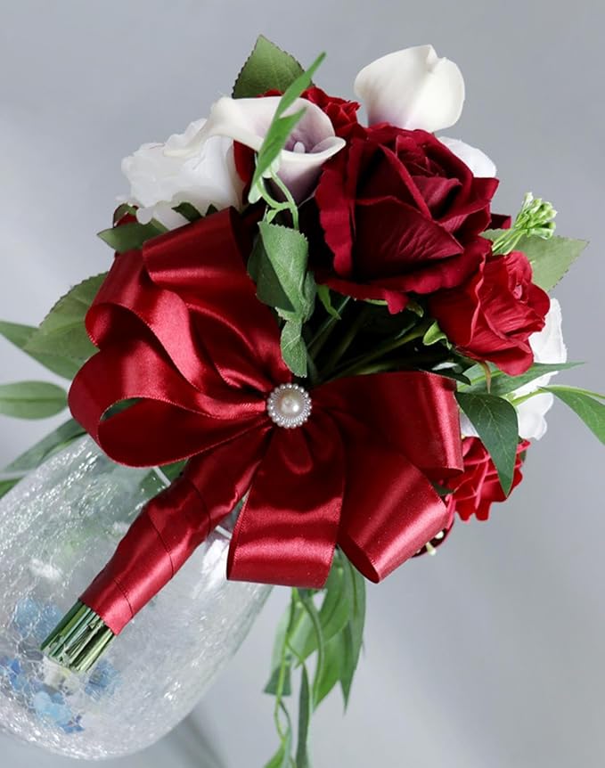 Wedding Bouquet for Bride, White and Wine Red Water Drop Bridal Bouquet Artificial Flowers Roses Cascading Wedding Bouquet for Ceremony Anniversary Party Bridal Shower Wedding Decoration