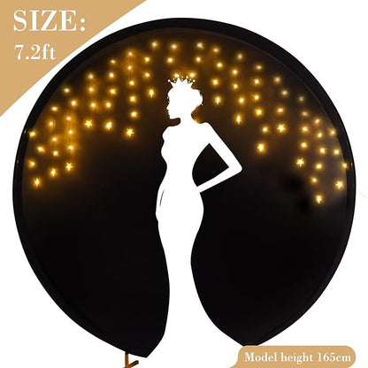 7.2 FT Black Round Backdrop Cover with Lights String for Circle Arch Stand Circle Backdrop Covers with LED Fairy Lights for Wedding Arch Baby Shower Birthday Party Photo Shoot Photography Background