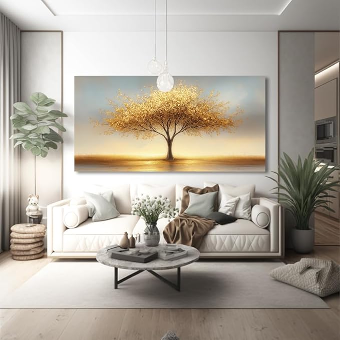 LAVIKARS Modern Tree of Life Wall Art for Living Room Office Golden Sunset Abstract Landscape Canvas Painting Prints Large Nature Artwork Home Kitchen Bedroom Decor (23x46 Inches)
