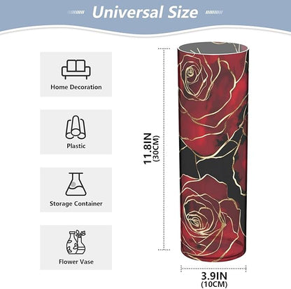 Flower Vase for Centerpieces, Red Roses Gold Black Plastic Cylinder Vase, Clear Bud Vases for Home Wedding Office Table Decor