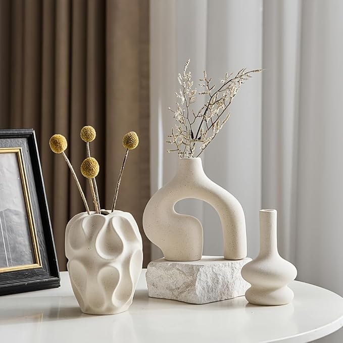 Boho Vase 3PCs | Modern Minimalist Donut Vase & Geometric Shapes | 3D Printed Imitates Ceramic Appearance | for Living Room Entryway Coffee Table Home Decor or Gift | Cream White