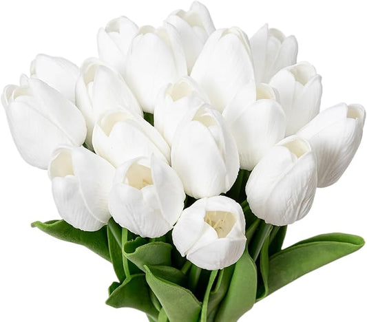 KAOYOO 18PCS Artificial Tulip Flowers Bouquet - Faux Latex Tulips for Home Decor,Office Desk,Kitchen Table,Wedding Centerpiece,Party,Spring Decoration(White,18 Pack)