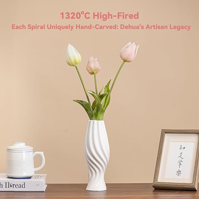 White Ceramic Torch Vase with Spiral Design - 8.8" Unique Flower Vase for Pampas Grass & Centerpieces, Decorative Boho/Farmhouse Vase for Living Room, Office Desk & Gift for Her/Yourself