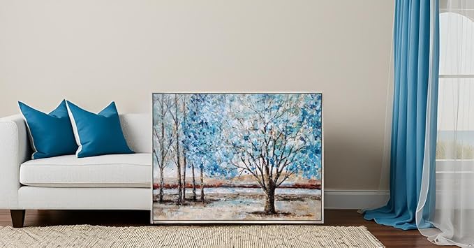 Yihui Arts Blue Tree Canvas Wall Art - Hand Painted Textured Abstract Forest Landscape Modern Artwork with Gold Foil Framed for Living Room, Bedroom, and Bathroom Decor