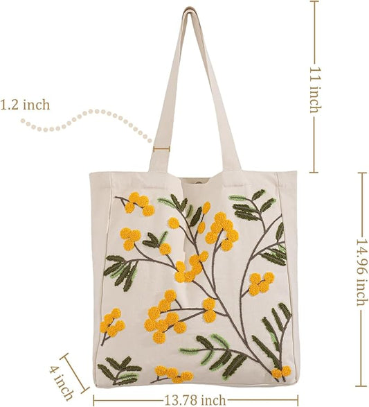 Aesthetic Embroidery Tote Bag for Lady Cute Reusable Canvas Shoulder Bag for Girls Women Shopping Grocery